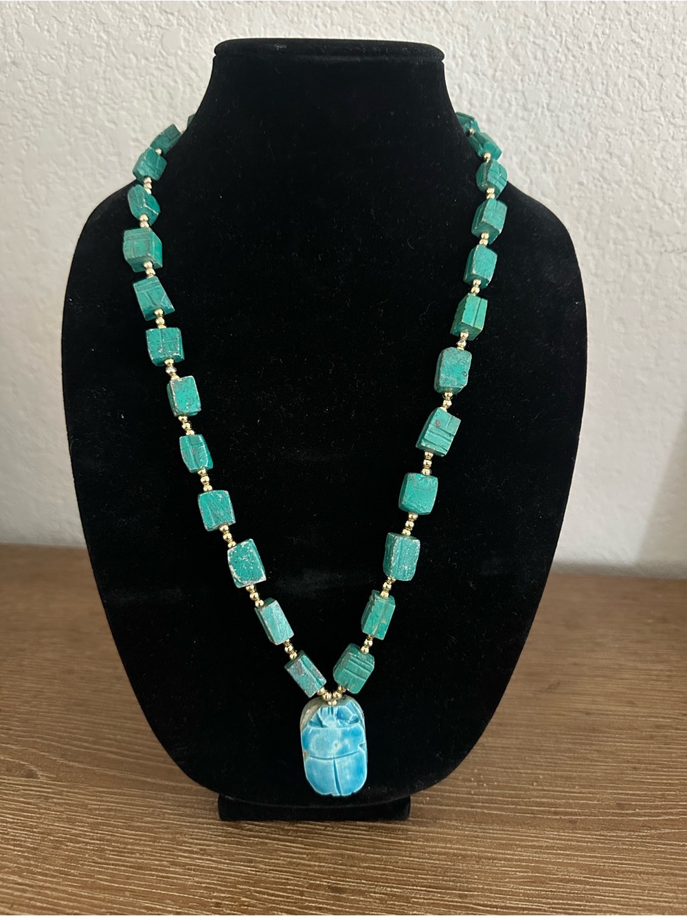 MCM Vintage Egyptian Revival Painted Ceramic Artisan Ethnic Scarab Necklace 29”